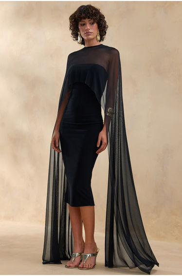 Filippa | Black Crew-Neck Midi Dress With Sheer Cape-Sleeves