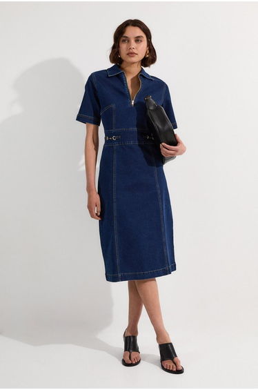 Stretch Denim Snaffle Trim Collared Midi Dress