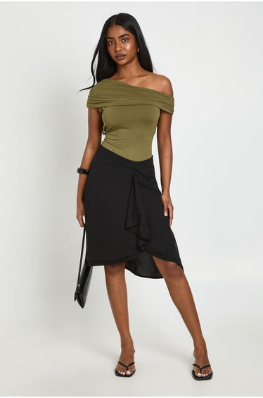 Matte Slinky Off TheShoulder Bodysuit - olive