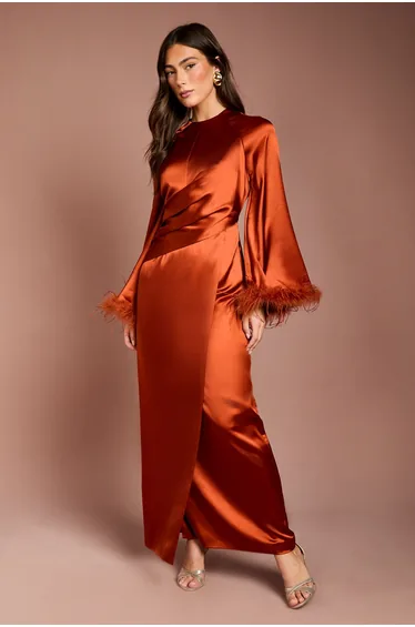 Feather Trim Satin Maxi Dress
