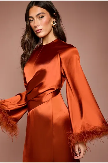 Feather Trim Satin Maxi Dress