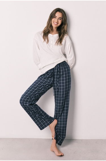 Blue plaid long trousers