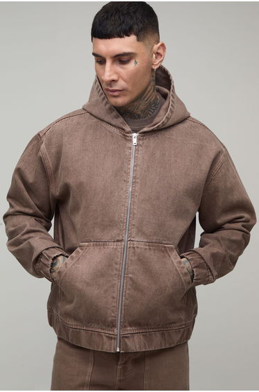 Tall Tinted Washed Denim Oversized Zip Up Hoodie - brown