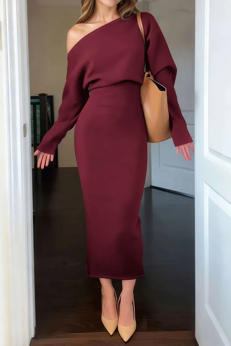 One Shoulder Long Sleeve Midi Dress