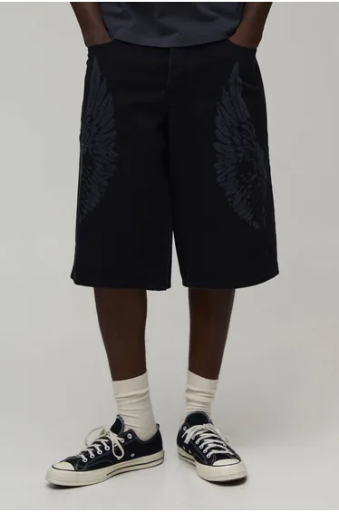 Skull Graphic Longline Jorts - washed black