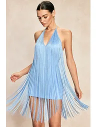 Halter Neck Fringe Tie-Up Backless Sleeveless Mini Dress
