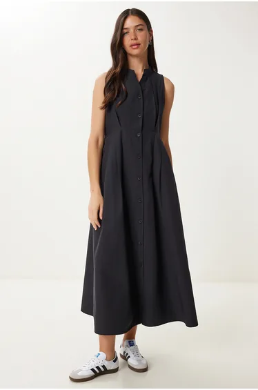 ISTANBUL Mandarin Collar Sleeveless A-Line Midi Dress