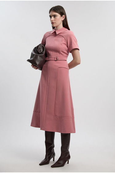 Petite Compact Stretch Tab Detail Full Skirted Midi Dress