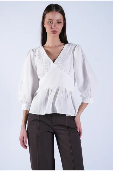 Women's Ecru Deep V-Neck Lace Embroidered Muslin Blouse