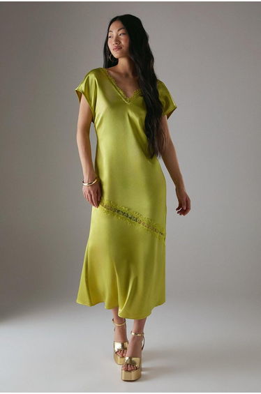 Petite High Shine Satin Grown On Sleeve Lace Midi Tea Dress
