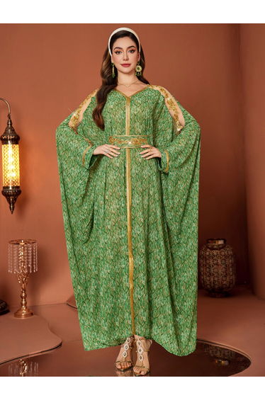 Women Green Printed Golden Trim Embellished Jalabiya