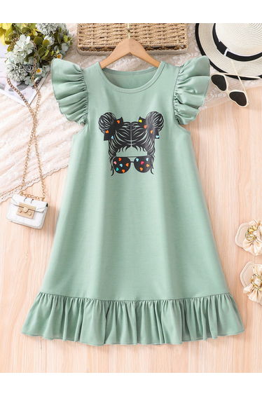 Girls Graphic Print Ruffled Sleeve Dress