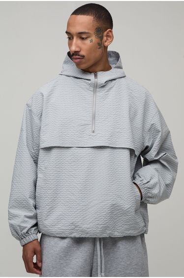 Oversized Boxy Check ¼ Zip Hooded Cagoule - grey