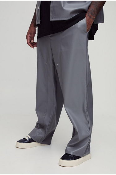 Plus Relaxed Fit Fixed Waistband PU Worker Panel Trousers - grey