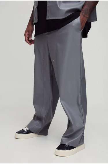Plus Relaxed Fit Fixed Waistband PU Worker Panel Trousers - grey