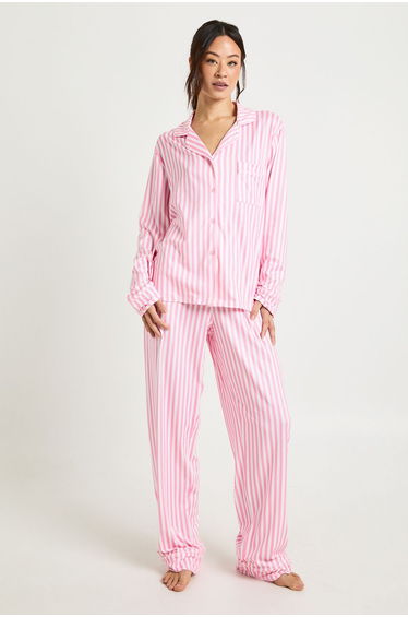 Tall Candy Stripe Long Sleeve Shirt & Trouser 3 Piece Pyjama Set - pink