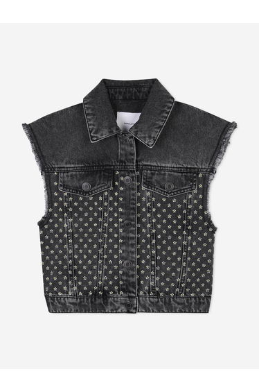 Girls Diamante Daisy Denim Gilet in Black