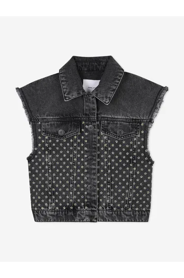 Girls Diamante Daisy Denim Gilet in Black