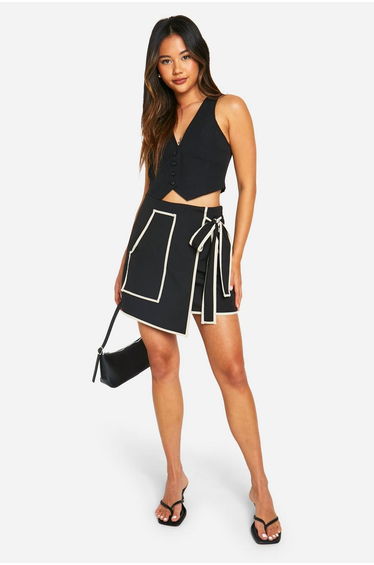 Contrast Trim Wrap Mini Skirt - black