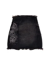 Washed Black Diamante Trim Raw Hem Denim Skirt - 5