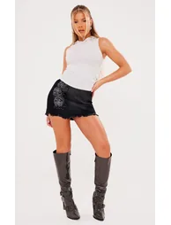 Washed Black Diamante Trim Raw Hem Denim Skirt