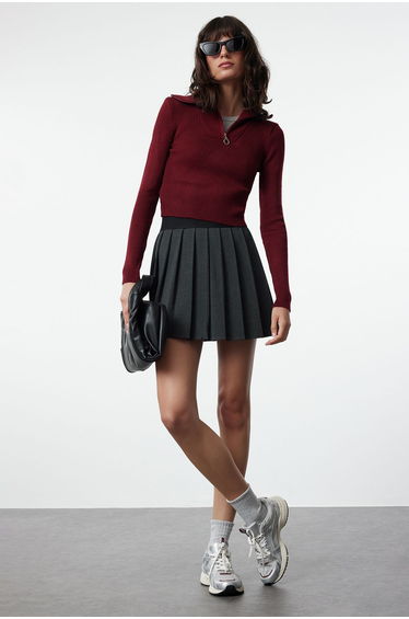 Claret Red Crop Zipper Detailed Knitwear Sweater