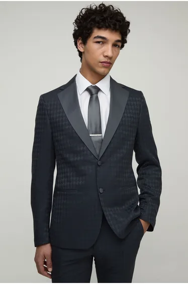 Tonal Houndstooth Single Breasted Jacket - navy