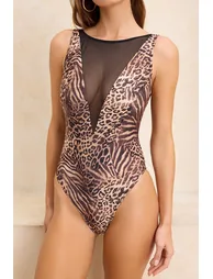 Leopard Patterned Mesh Detailed Halter Neck Covered Brazilian Swimsuit - 4