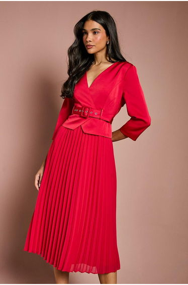 Satin Bodice ¾ Sleeve Pleat Skirt Belted Midi Wedding Guest Dress