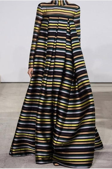 Long Sleeves Loose Multi-Colored Pleated Striped High Neck Maxi Dresses