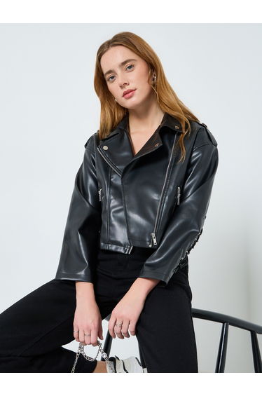 Women Black Faux Leather Lace-Up Jacket