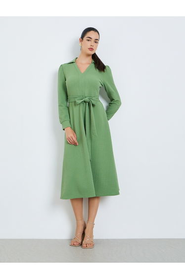 Women Green Tie-Waist A-Line Midi Dress