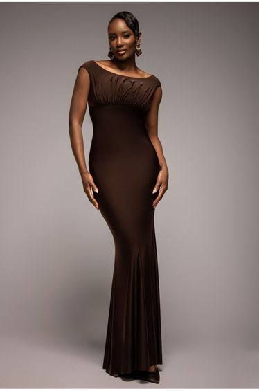Open Back Cowl Neck Gathered Maxi Dress With Velvet Tie Back - Brown by Goddiva