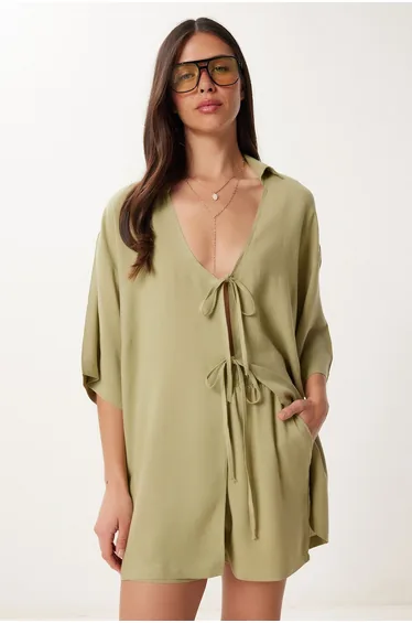 Women's Olive Green Tie Detailed Linen Bottom Top Set