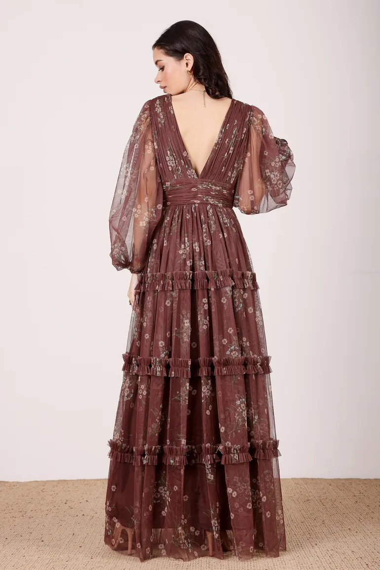 Lydia Maxi Dress in Mahogany Brown Floral Lace & Beads Multicolour