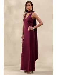True Icon | Burgundy Satin High-Neck Maxi Slip Dress With Sash - 6