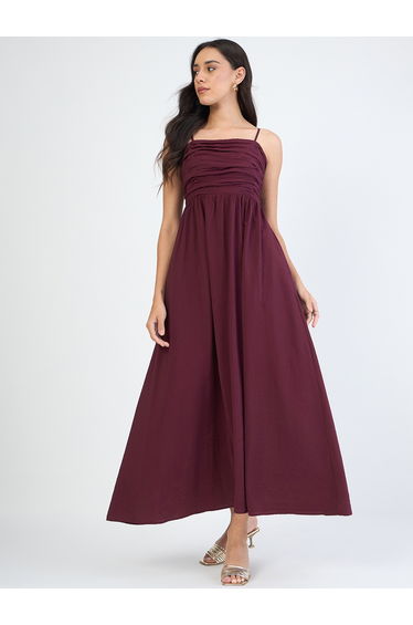 Women Burgundy Off Shoulder Ruched Detail Maxi Dress