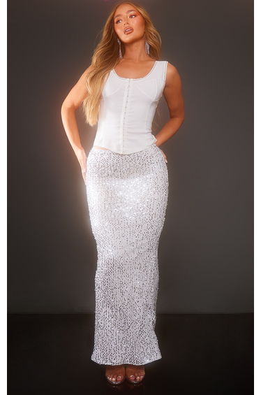 Silver Sequin Embellished Low Rise Drapey Maxi Skirt