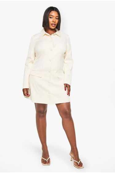 Plus Button Down Collared Tailored Dress - ecru