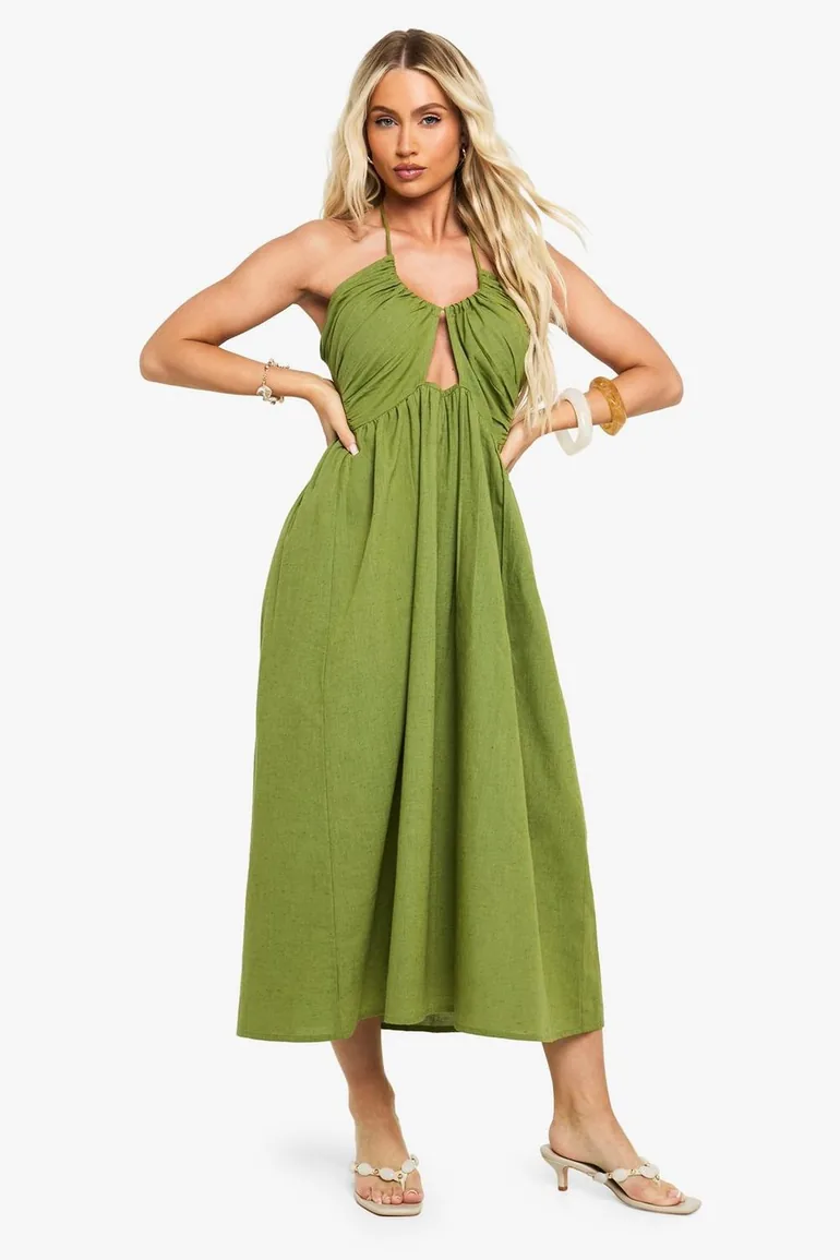 knee length dresses for ladies Rent Nobody's Child Sage Green Linen-blend Balloon Sleeve Zola Midaxi Dress