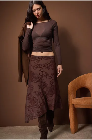 Brown asymmetric flocked print skater stretch tulle knit skirt
