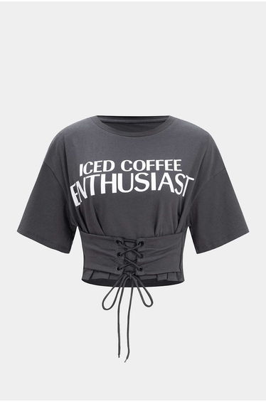 Letter Print Round Neck Tie-Up Short Sleeve T-Shirt