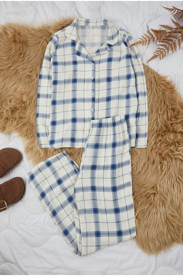 Blue Plaid / Check Shally Woven Pajamas Set