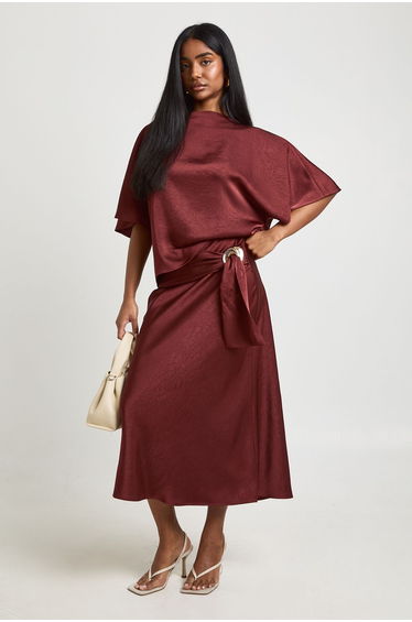 Textured Satin Batwing Blouse - terracotta