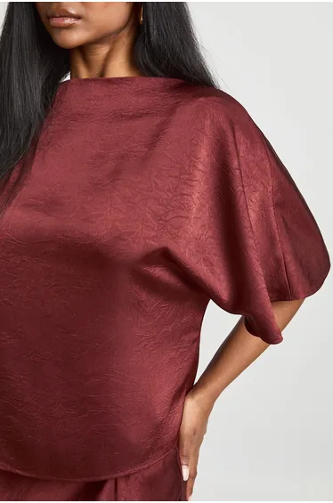 Textured Satin Batwing Blouse - terracotta