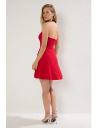 Red A-Line Woven Stylish Short Dress - 3