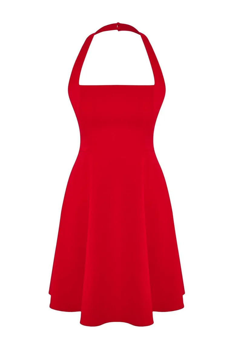 Red A-Line Woven Stylish Short Dress - 4