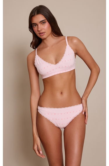 Pink Heart Pointelle Lace Trim Bralet and Brazillian Set
