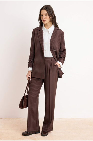 Brown Striped Double-Breasted Closure Woven Jacket - Trouser Bottom - Top Set