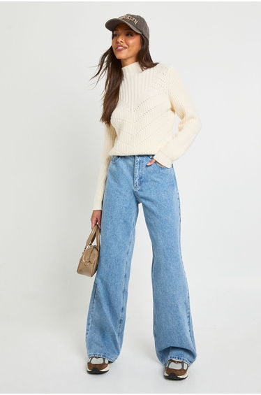 Chunky Pointelle Knitted High Neck Crop Jumper - cream